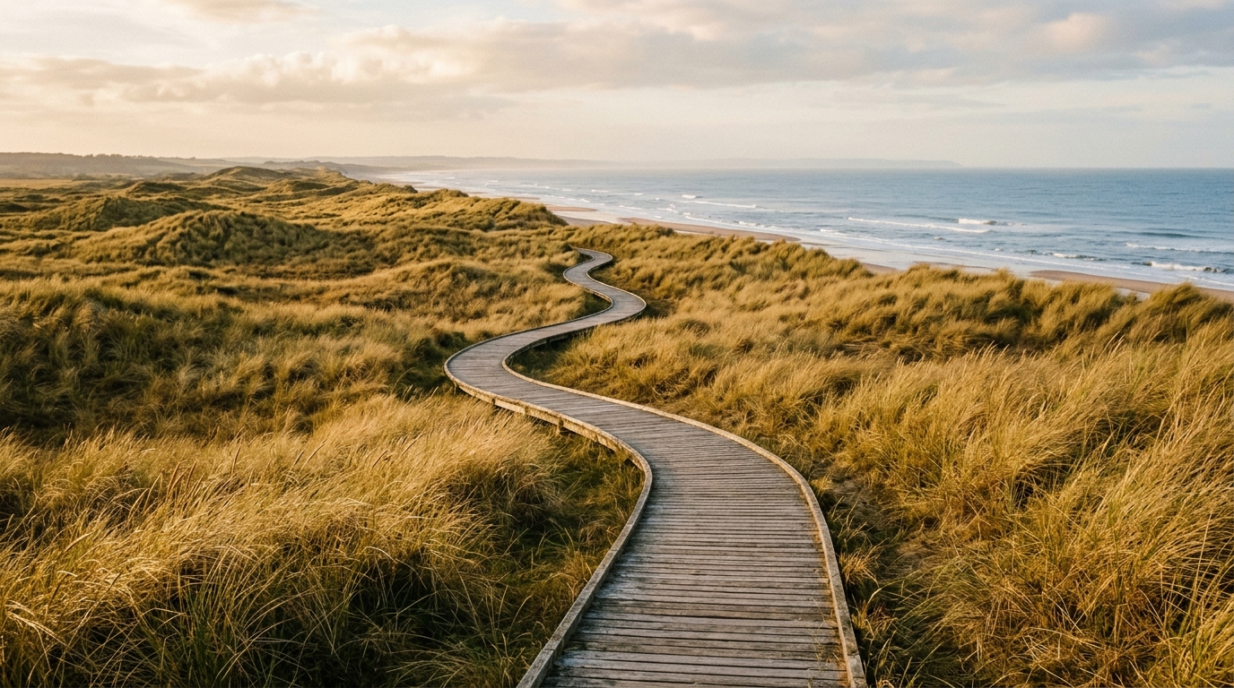 A boardwalk through dune grass in autumn light
