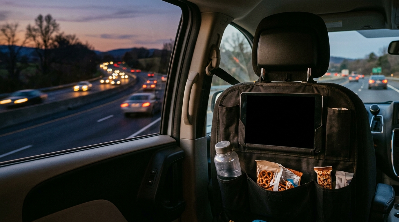 A car seat-back organizer with snacks on a highway at dusk