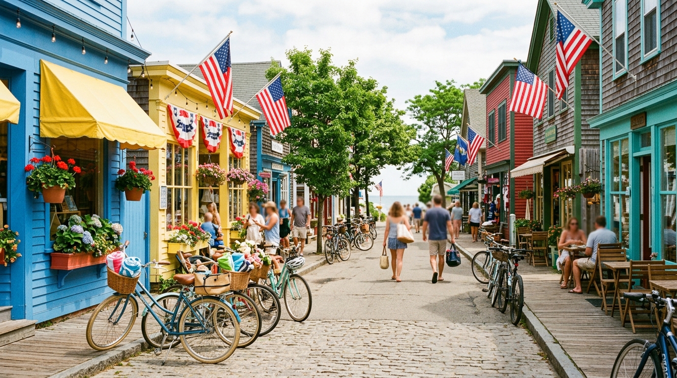 A colorful beach town street on a summer morning