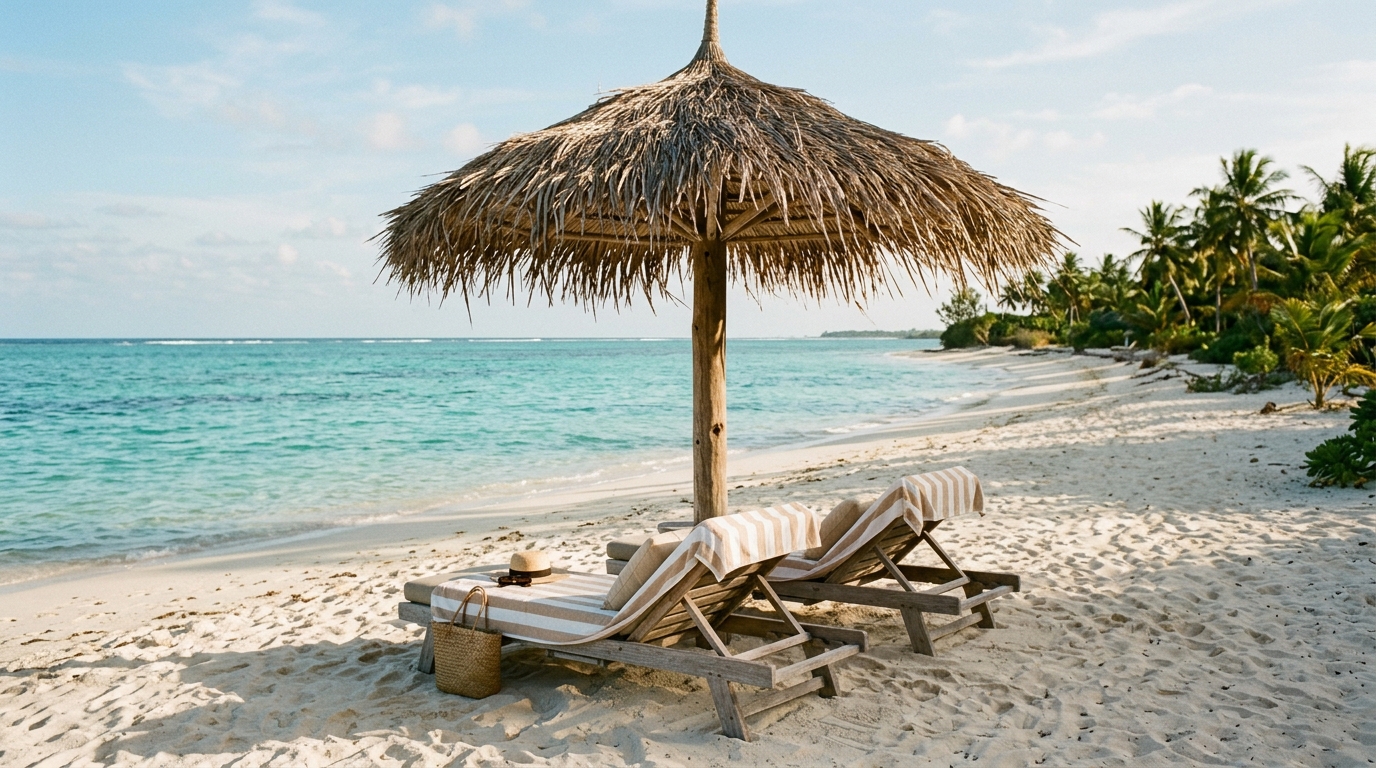 Beach loungers under a straw umbrella facing a calm sea