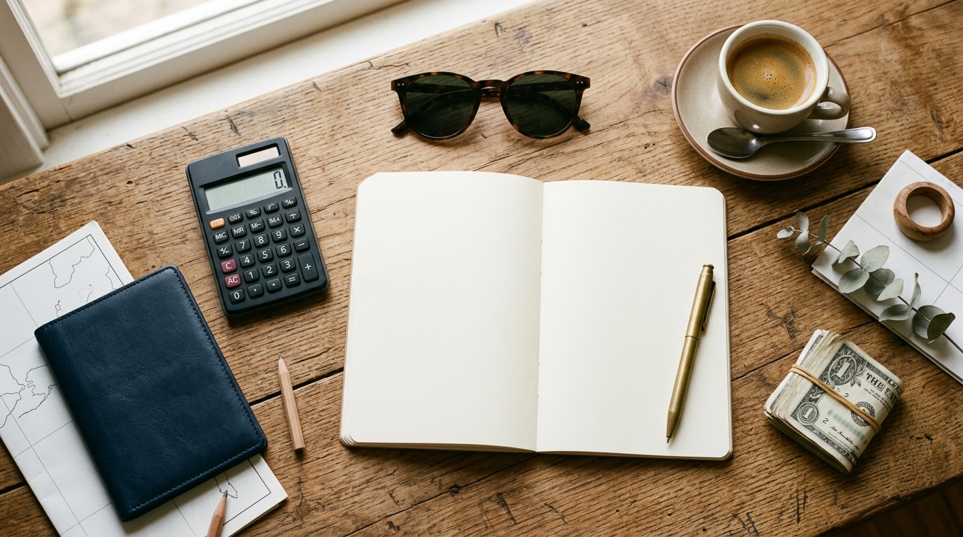 A notebook, calculator and sunglasses laid out on a table