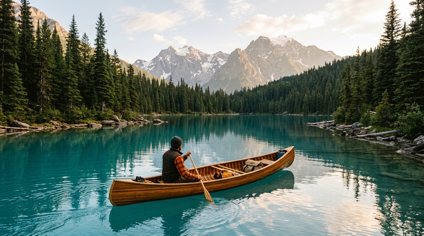 A canoe on a turquoise mountain lake