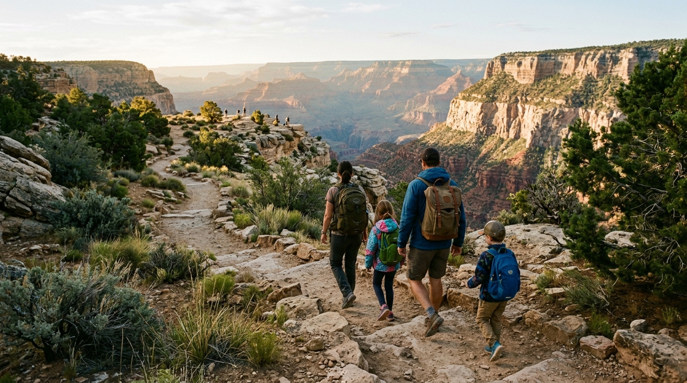 A family hiking toward a canyon overlook