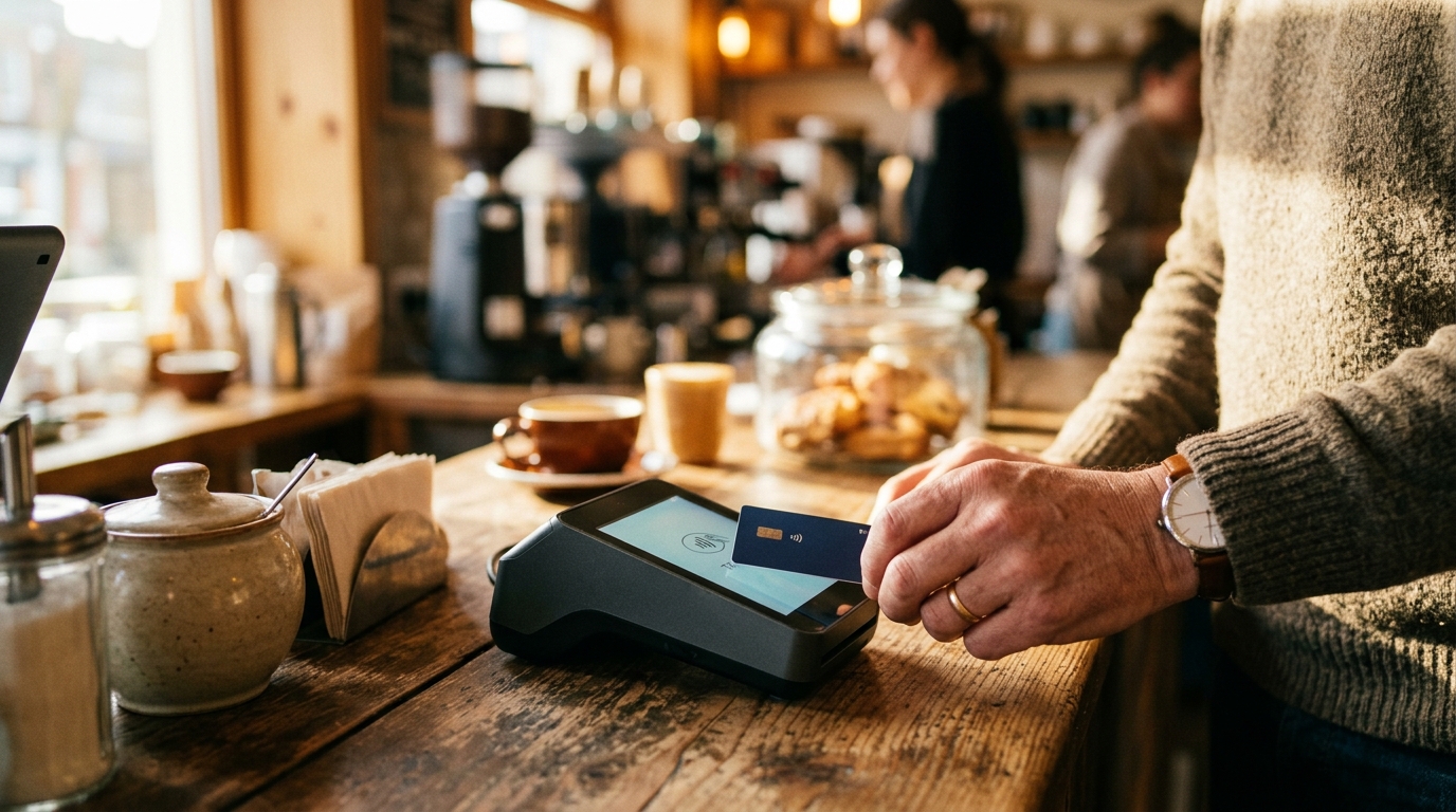 A hand tapping a credit card on a cafe payment terminal