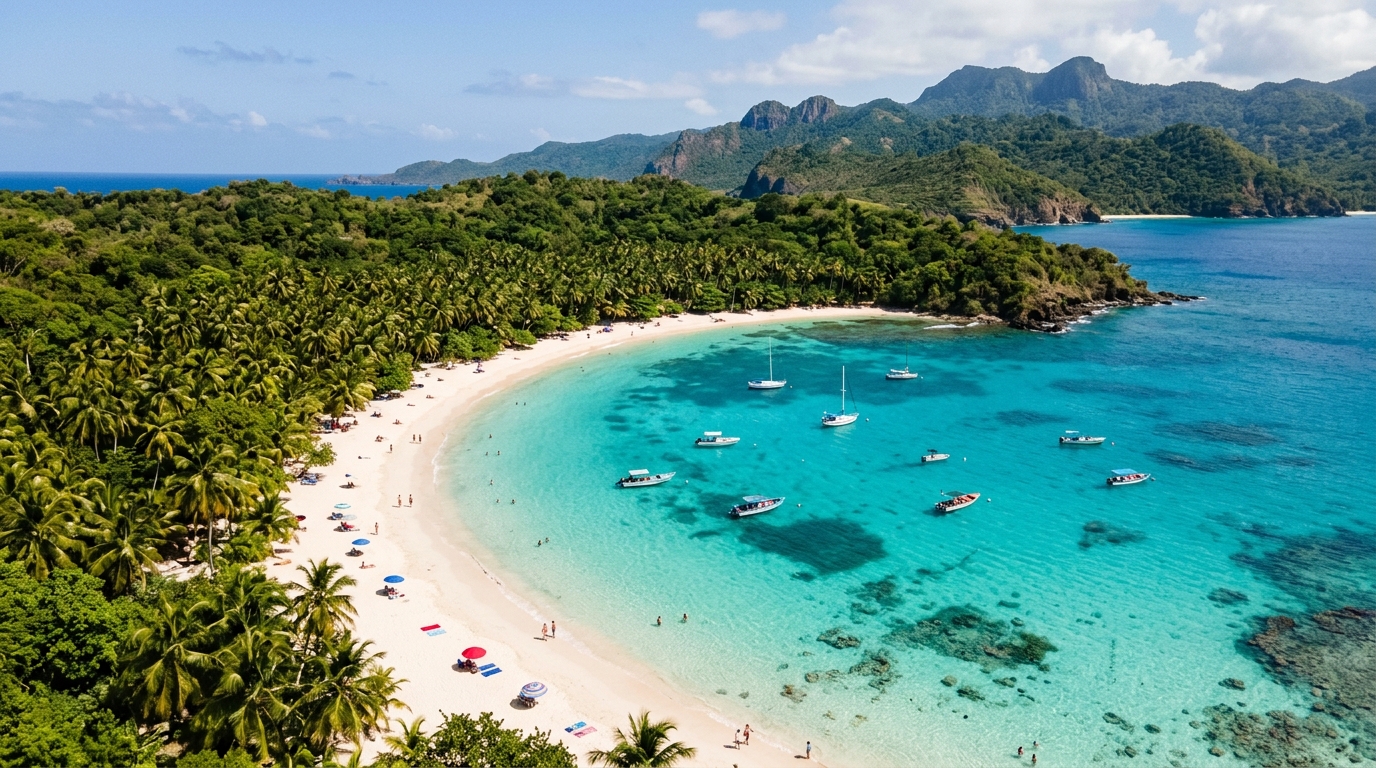 A turquoise cove with white sand and palm trees from above