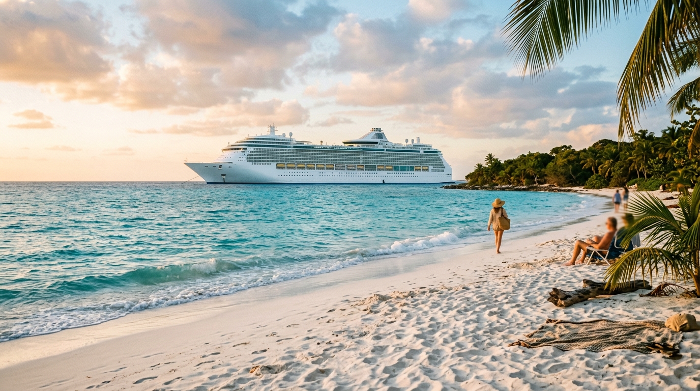 A cruise ship anchored off a white sand beach