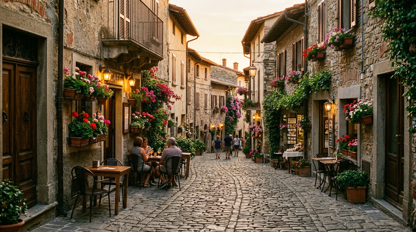 A cobblestone street with cafe tables in an old European town
