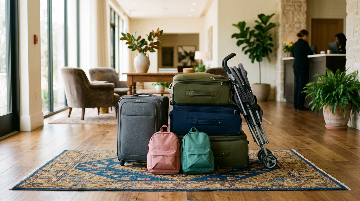 A pile of family luggage with backpacks and a stroller in a bright lobby