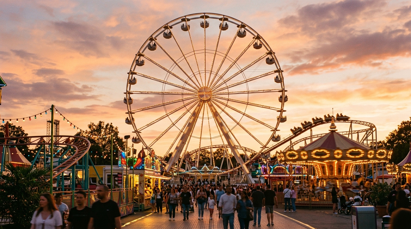 A ferris wheel and rides at golden hour