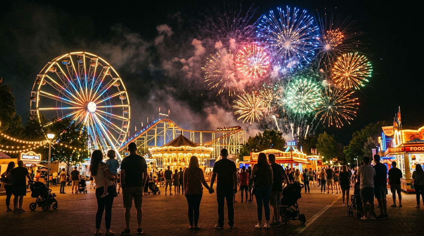 Families watching fireworks over a theme park at night