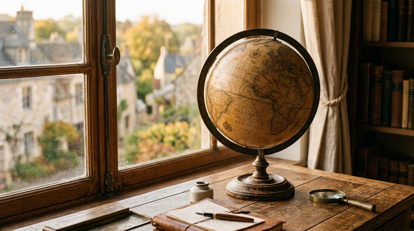 A vintage globe on a wooden desk