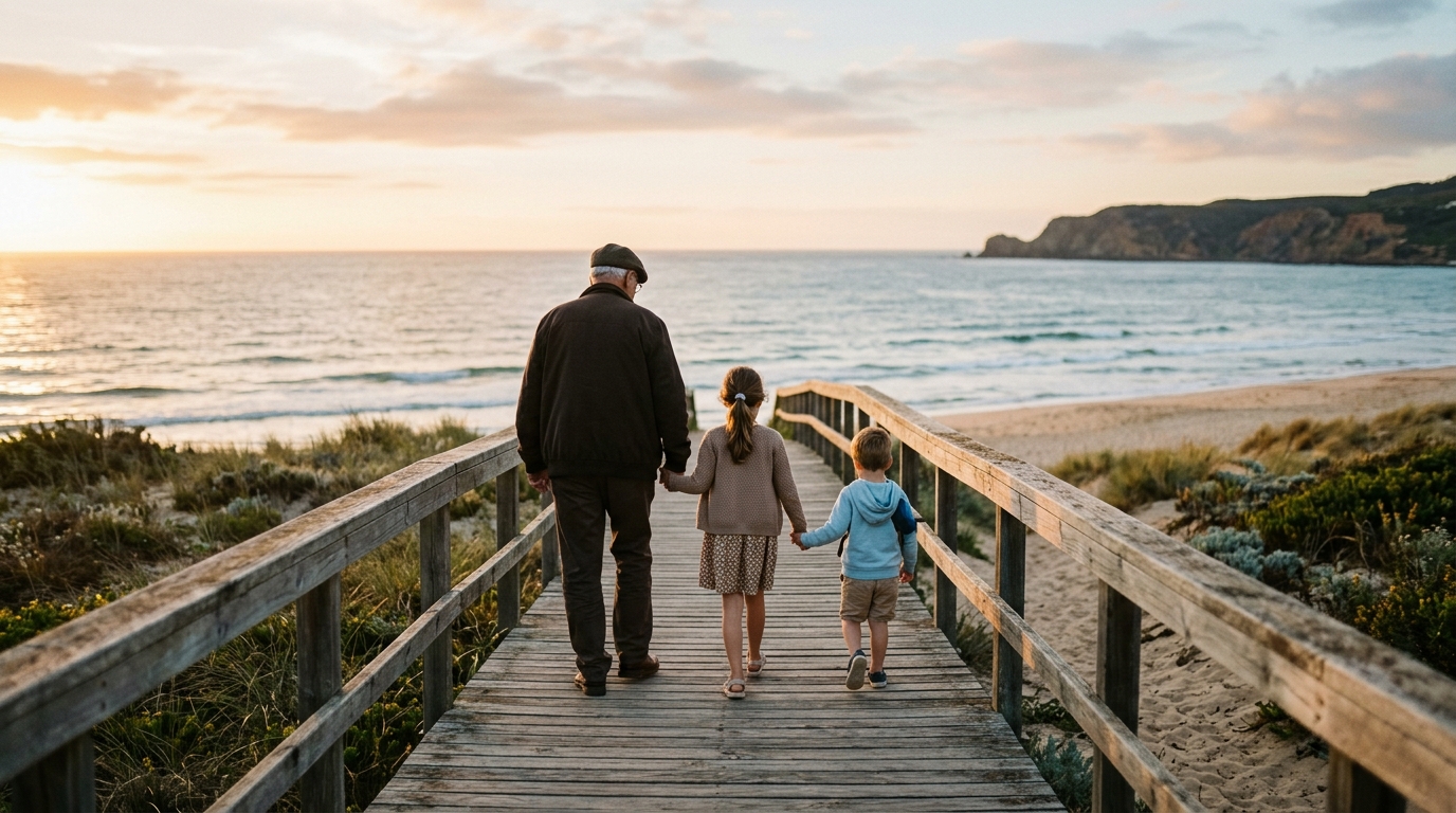 A grandparent and two children walking hand in hand toward the sea