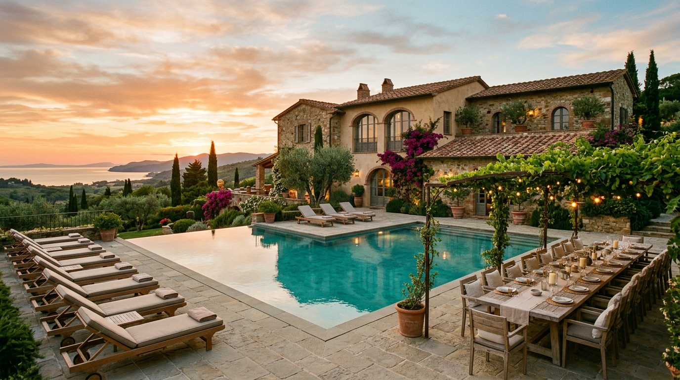 A large vacation villa with a pool and a long outdoor table at sunset