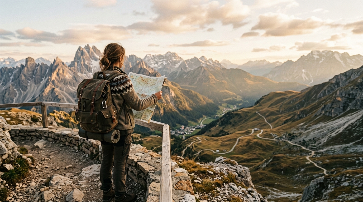 A traveler holding a map at a scenic overlook