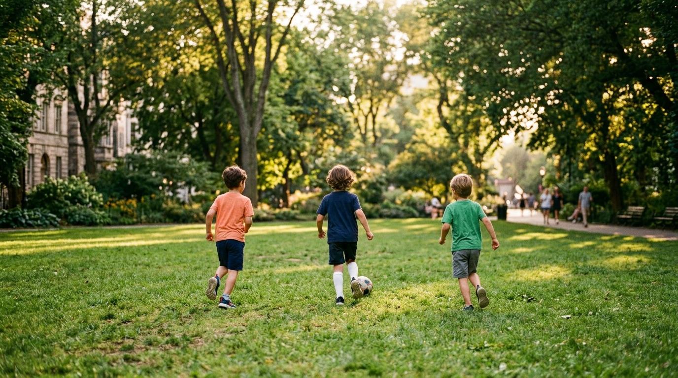 Kids playing soccer in a leafy city park