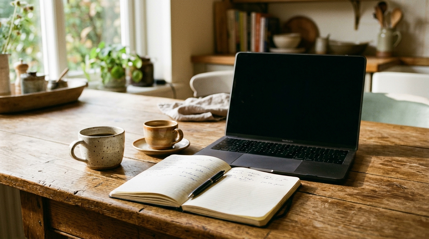 A laptop, notebook and coffee laid out on a kitchen table in morning light