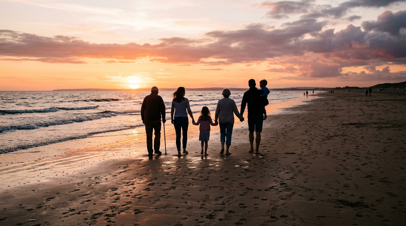 Three generations of a family walking on a beach at sunset