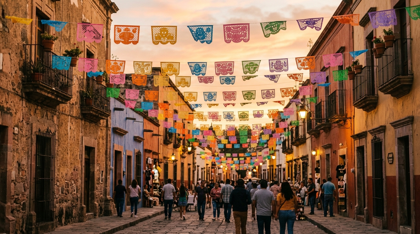 Colorful papel picado banners over a street