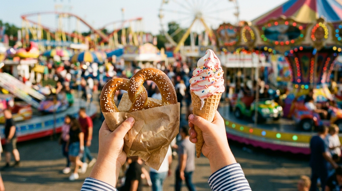 A soft pretzel and ice cream cone at an amusement park