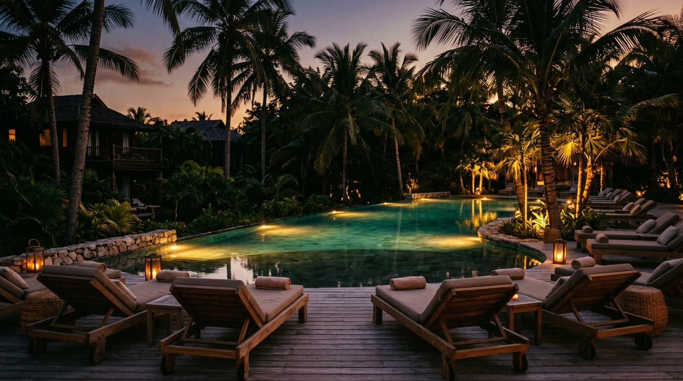 A resort pool with loungers at dusk