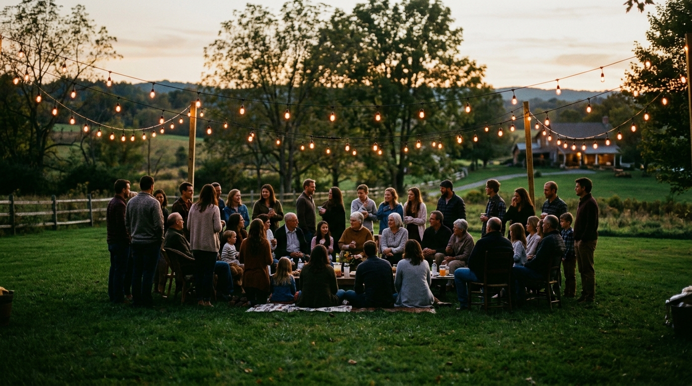A large family gathered on a lawn under string lights in the evening