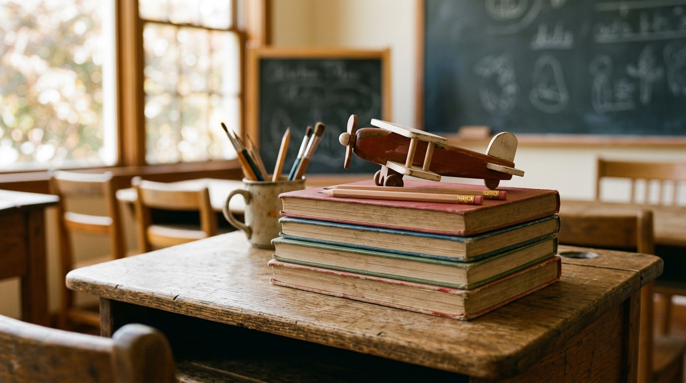 School books, pencils and a toy airplane on a desk