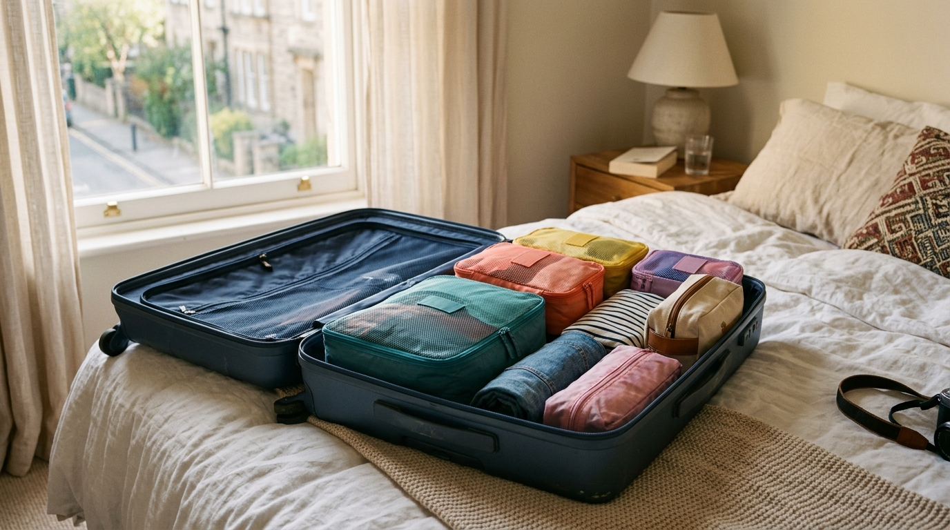 An open suitcase packed with colorful packing cubes