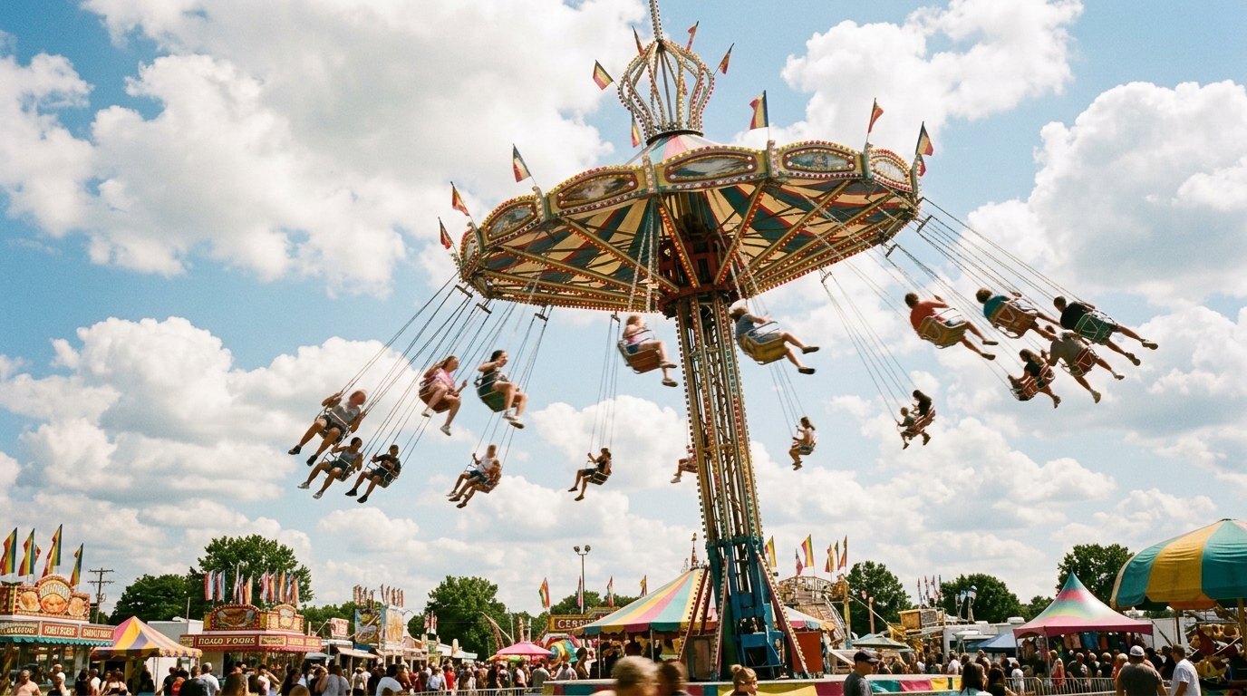 A swing carousel ride spinning against a blue sky