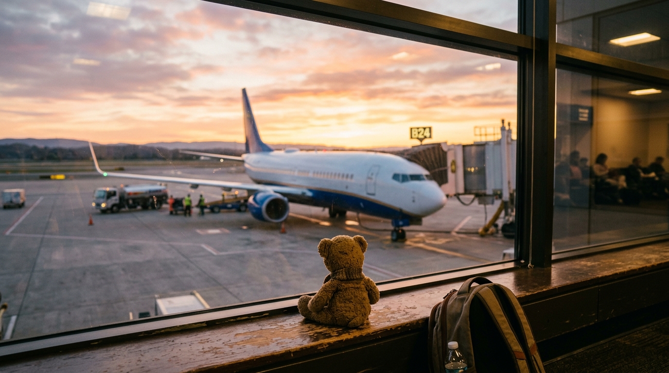 An airplane at the gate seen through a terminal window