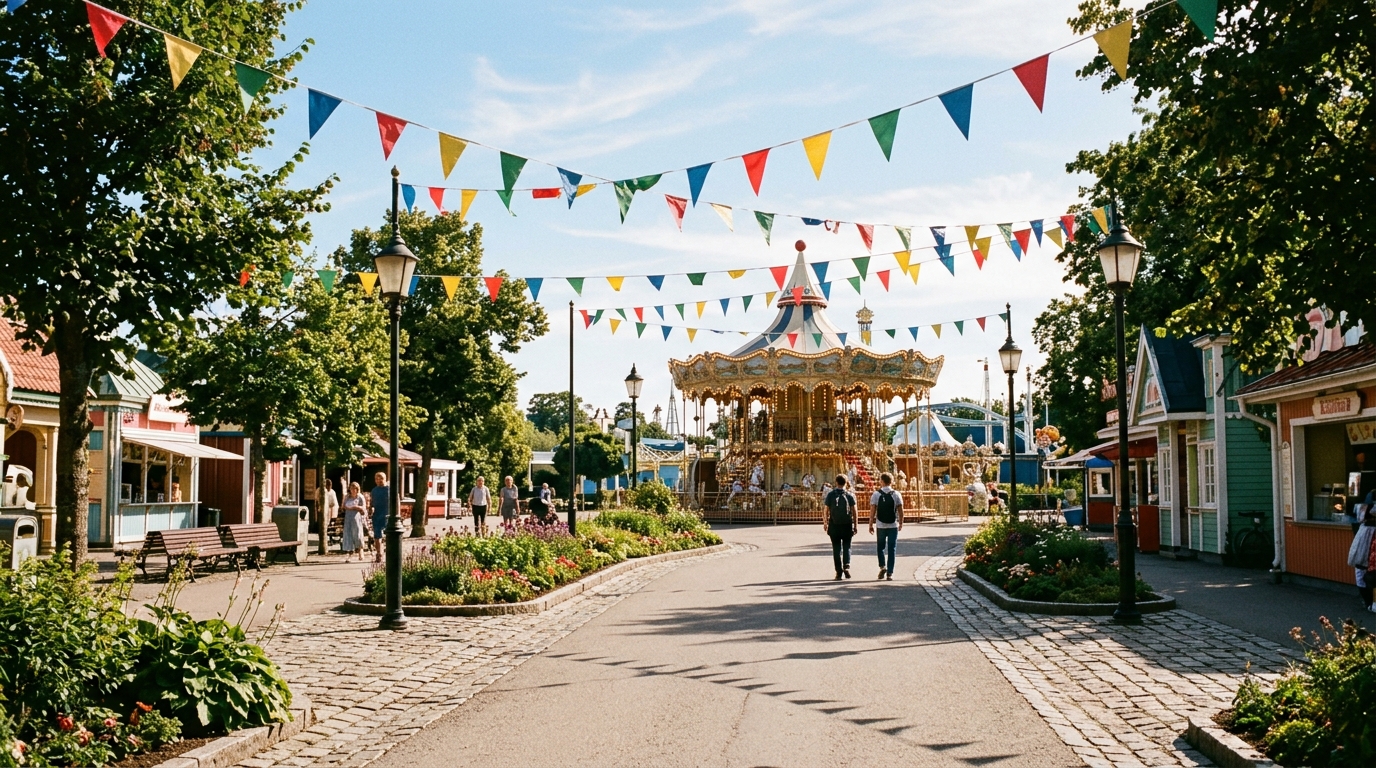 A quiet theme park promenade on a sunny morning