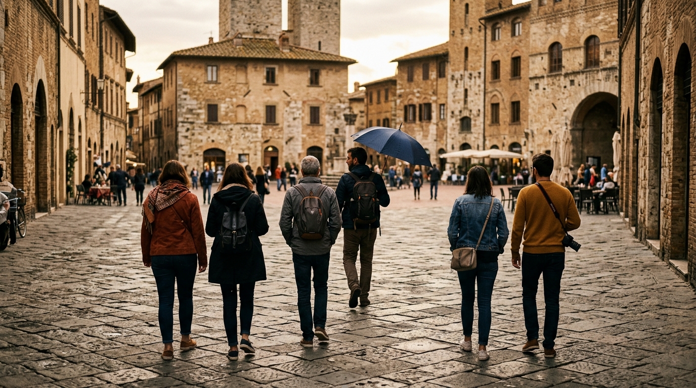 A tour group following a guide across an old European square