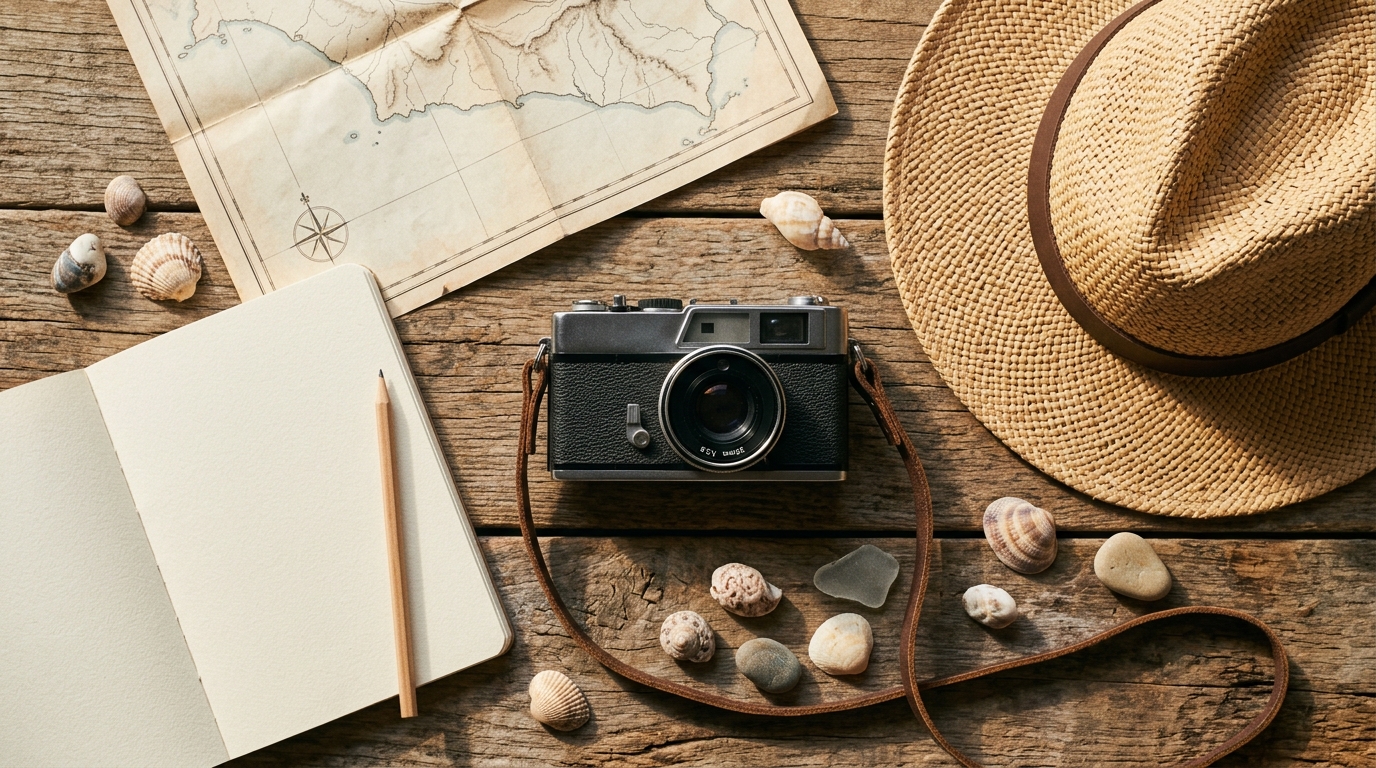 A map, camera, and travel notebook laid out on a table